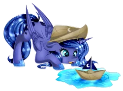 Size: 1024x759 | Tagged: safe, artist:absolitedisaster08, derpibooru import, princess luna, pony, moonstuck, cartographer's cap, cute, female, filly, hat, lunabetes, paper boat, simple background, solo, transparent background, woona, younger