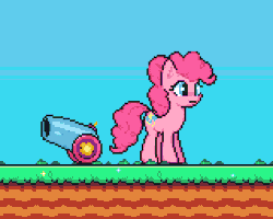 Size: 480x384 | Tagged: safe, artist:biel56789, derpibooru import, pinkie pie, pony, game:spike's quest, animated, breaking the fourth wall, cute, female, fourth wall, gif, looking at you, mare, party cannon, pinkie pie is watching you, pixel art, she knows, solo