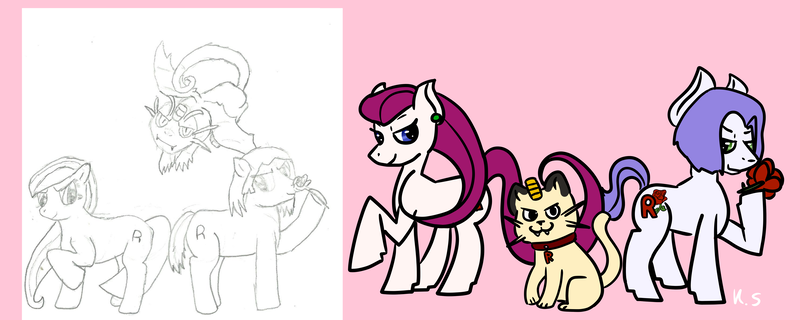 Size: 5000x2000 | Tagged: artist:kiwiscribbles, comparison, derpibooru import, draw this again, flower, meowth, pokémon, redraw, rose, safe, team rocket