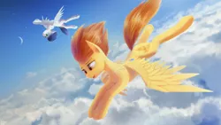 Size: 1920x1080 | Tagged: safe, artist:quvr, derpibooru import, soarin', spitfire, pegasus, pony, couple, female, flying, male, moon, shipping, sky, soarinfire, straight, whistle, wonderbolts