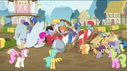 Size: 1360x768 | Tagged: applejack, car, cart, crackle pop, derpibooru import, derpy hooves, diamond tiara, kart, racers, rainbow dash, randolph, rarity, safe, screencap, snips, snips' dad, swanlestia cart, the cart before the ponies