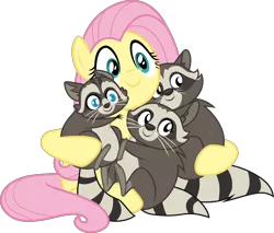 Size: 3516x3000 | Tagged: safe, artist:sollace, derpibooru import, fluttershy, smoky, smoky jr., softpad, pegasus, pony, raccoon, fake it 'til you make it, .svg available, c:, cute, female, hug, mare, regular show, rigby, shyabetes, simple background, smiling, solo, transparent background, vector