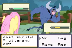 Size: 480x319 | Tagged: derpibooru import, edit, edited screencap, fluttershy, implied rape, iron will, pokémon, putting your hoof down, screencap, semi-grimdark, suggestive