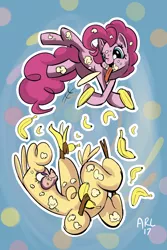 Size: 1024x1536 | Tagged: safe, artist:lytlethelemur, derpibooru import, paprika paca, pinkie pie, alpaca, earth pony, pony, them's fightin' herds, banana, cloven hooves, community related, duo, female, food, food fight, mare