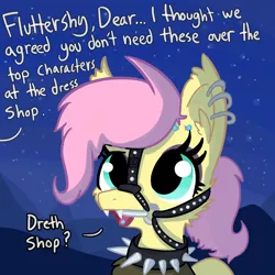 Size: 2048x2048 | Tagged: safe, artist:tjpones, derpibooru import, fluttershy, pegasus, pony, fake it 'til you make it, bit, bridle, choker, cute, cute little fangs, ear piercing, earring, eyebrow piercing, eyeshadow, fangs, female, implied flutterbat, implied rarity, jewelry, makeup, mare, offscreen character, piercing, solo, spiked choker, tack, tongue piercing