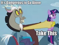 Size: 664x509 | Tagged: safe, derpibooru import, edit, edited screencap, screencap, discord, twilight sparkle, pony, the return of harmony, cropped, frown, grin, holding a pony, it's dangerous to go alone, meme, open mouth, quote, reaction image, reference, smiling, the legend of zelda