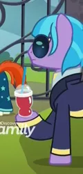 Size: 320x667 | Tagged: safe, derpibooru import, screencap, hush slush, sunburst, earth pony, pony, the parent map, clothes, cropped, drinking straw, hoof hold, male, shirt, sire's hollow, smoothie, solo focus, stallion, suit, sunglasses