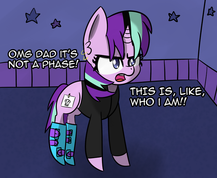 Size: 1935x1585 | Tagged: safe, artist:artiks, derpibooru import, starlight glimmer, unicorn, the parent map, boots, clothes, dialogue, edgelight glimmer, emo, female, glimmer goth, goth, it's a phase, it's not a phase, piercing, shoes, solo, teenage glimmer, that was fast, younger