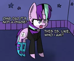 Size: 1935x1585 | Tagged: safe, artist:artiks, derpibooru import, starlight glimmer, unicorn, the parent map, boots, clothes, dialogue, edgelight glimmer, emo, female, glimmer goth, goth, it's a phase, it's not a phase, piercing, shoes, solo, teenage glimmer, that was fast, younger