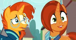 Size: 1170x627 | Tagged: safe, derpibooru import, screencap, stellar flare, sunburst, pony, unicorn, the parent map, discovery family logo, duo, faic, female, frown, male, mare, mother and child, mother and son, sire's hollow, smiling, stallion