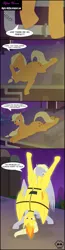 Size: 1700x6524 | Tagged: safe, artist:mighty-muffins, derpibooru import, applejack, derpy hooves, spitfire, earth pony, pegasus, pony, comic:toxic-mario's derpfire shipwreck, barn, book, comic, dialogue, female, gutter, harness, night, roof, rooftop, spitfiery, spitfire's hair is fire, stars, sweet apple acres, tack, tied up, toolbox