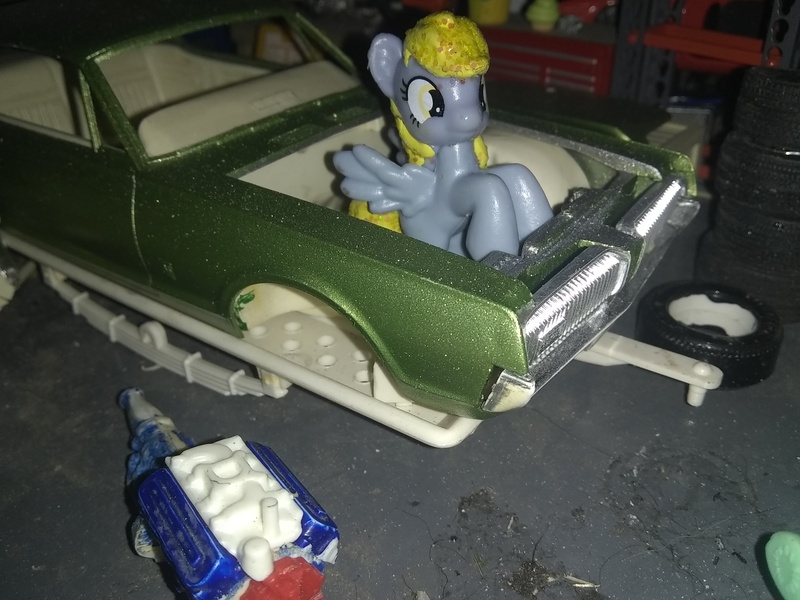 Size: 3264x2448 | Tagged: blind bag, car, derpibooru import, derpy hooves, engine, everfree customs, garage, irl, mercury (car), mercury cougar, photo, safe, solo, tires, toolbox, toy, trailer