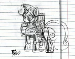 Size: 1512x1185 | Tagged: safe, artist:brekrofmadness, derpibooru import, sweetie belle, pony, robot, robot pony, unicorn, bastion (overwatch), black and white, crossover, female, filly, foal, grayscale, hooves, horn, lined paper, monochrome, overwatch, solo, sweetie bot, traditional art, weapon