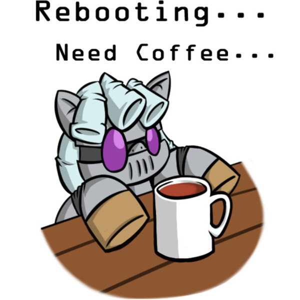 Size: 650x650 | Tagged: artist:greenfinger, coffee, derpibooru import, fanfic:the iron horse: everything's better with robots, mug, oc, oc:turing test, one eye closed, robot, safe, waitress, wink