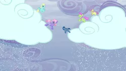 Size: 1280x720 | Tagged: safe, derpibooru import, screencap, dewdrop, merry may, ocean rainbow, parasol, rainbowshine, pegasus, pony, tanks for the memories, background pony, cloud, cloudy, female, flying, i'll fly, male, mare, sky, snow, stallion