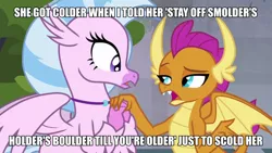 Size: 960x540 | Tagged: caption, classical hippogriff, derpibooru import, dragon, dragoness, duo, edit, edited screencap, female, hippogriff, holder's boulder, image macro, jewelry, meme, necklace, safe, sarcasm, school daze, screencap, silverstream, smolder, text, wordplay