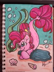 Size: 1024x1365 | Tagged: safe, artist:yoshimarsart, derpibooru import, pinkie pie, pony, seapony (g4), female, fins, mare, seaponified, seapony pinkie pie, smiling, solo, species swap, tail, traditional art