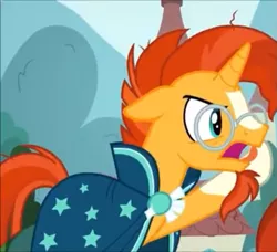 Size: 789x720 | Tagged: safe, derpibooru import, screencap, sunburst, unicorn, the parent map, angry, beard, cape, clothes, cropped, facial hair, glasses, male, robe, solo, stallion, sunburst's glasses, sunburst's robe