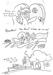 Size: 1024x1452 | Tagged: safe, artist:jargon scott, derpibooru import, fluttershy, rainbow dash, pegasus, pony, black and white, chase, comic, derp, descriptive noise, dialogue, door, female, fluttershy's cottage, flying, frown, grayscale, lidded eyes, mare, monochrome, oof, open mouth, raised eyebrow, roomba, roombashy, simple background, spread wings, tongue out, underhoof, vrrr, white background, wide eyes, wings