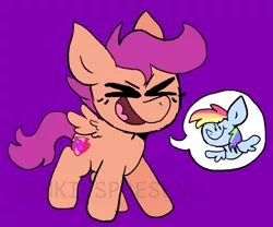 Size: 1018x849 | Tagged: safe, artist:pinkiespresent, derpibooru import, rainbow dash, scootaloo, pegasus, pony, >:), excited, eyes closed, fangirl, female, filly, happy, open mouth, purple background, simple background, smiling, smirk, solo, xd, yay