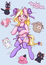 Size: 1300x1817 | Tagged: suggestive, alternate version, artist:notira, derpibooru import, oc, oc:bay breeze, unofficial characters only, anthro, earth pony, pegasus, unguligrade anthro, arm hooves, artemis (sailor moon), bed, blushing, boob window, bow, bra, bra on pony, breasts, cat keyhole bra set, cat lingerie, chestbreasts, clothes, crop top bra, cute, female, frilly underwear, hair bow, image, jpeg, lingerie, luna (sailor moon), on bed, one eye closed, panties, plushie, purple underwear, side knot underwear, socks, solo, solo female, stockings, tail bow, thigh highs, underwear, wink