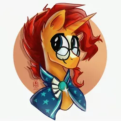 Size: 2318x2318 | Tagged: safe, artist:wildetrashbag, derpibooru import, sunburst, pony, unicorn, abstract background, bust, clothes, glasses, male, robe, sidemouth, smiling, solo, sunburst's glasses, sunburst's robe