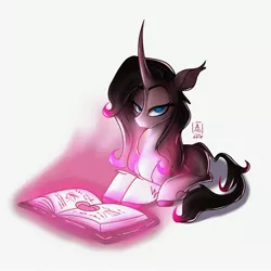 Size: 2984x2984 | Tagged: safe, artist:wildetrashbag, derpibooru import, oleander (tfh), them's fightin' herds, book, community related, lidded eyes, looking at you, reading, simple background, sitting, solo, white background