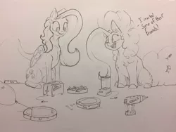 Size: 1280x960 | Tagged: safe, artist:greyscaleart, derpibooru import, fluttershy, pinkie pie, earth pony, pegasus, pony, about to have tail sucked into a roomba, balloon, blender (object), deadpool, dialogue, female, grayscale, mare, monochrome, power drill, roomba, roombapie, roombashy, smiling, toaster, traditional art