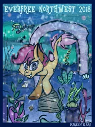 Size: 960x1280 | Tagged: artist:krazykari, derpibooru import, everfree forest, everfree northwest, oc, oc:marina (efnw), safe, scootaloo, seaponified, seapony (g4), seapony scootaloo, species swap, surf and/or turf, underwater