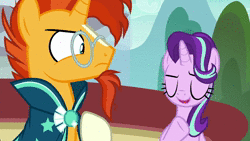 Size: 1280x720 | Tagged: safe, derpibooru import, screencap, starlight glimmer, sunburst, the parent map, air quotes, animated, floppy ears, fountain, irritated, issues, shocked, sire's hollow, sound, webm