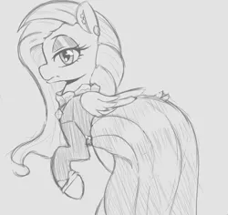 Size: 990x934 | Tagged: safe, artist:tre, derpibooru import, fluttershy, pegasus, pony, fake it 'til you make it, clothes, dress, female, fluttergoth, grayscale, looking at you, mare, monochrome, sketch, solo