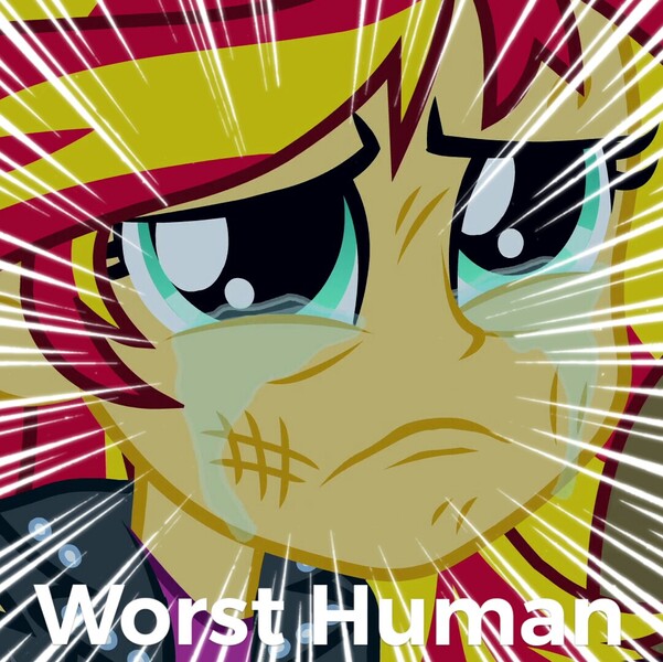 Size: 1081x1080 | Tagged: safe, derpibooru import, edit, edited screencap, screencap, sunset shimmer, equestria girls, equestria girls (movie), abuse, background pony strikes again, cropped, crying, downvote bait, sad, shimmerbuse, solo, worst human