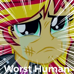 Size: 1081x1080 | Tagged: safe, derpibooru import, edit, edited screencap, screencap, sunset shimmer, equestria girls, equestria girls (movie), abuse, background pony strikes again, cropped, crying, downvote bait, sad, shimmerbuse, solo, worst human