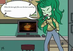 Size: 2893x2039 | Tagged: safe, artist:pony4koma, derpibooru import, wallflower blush, equestria girls, america (band), battle of the bands, blushing, embarrassed, exploitable meme, invisible, lyrics, meme, microphone, singing, song, song reference, text, the last unicorn
