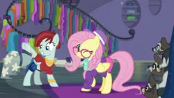 Size: 1280x720 | Tagged: safe, derpibooru import, screencap, fluttershy, smoky, smoky jr., softpad, valley glamour, pegasus, pony, raccoon, fake it 'til you make it, alternate hairstyle, clothes, cute, dress, female, hat, hipstershy, mare, one eye closed, rarity for you, shyabetes, wink