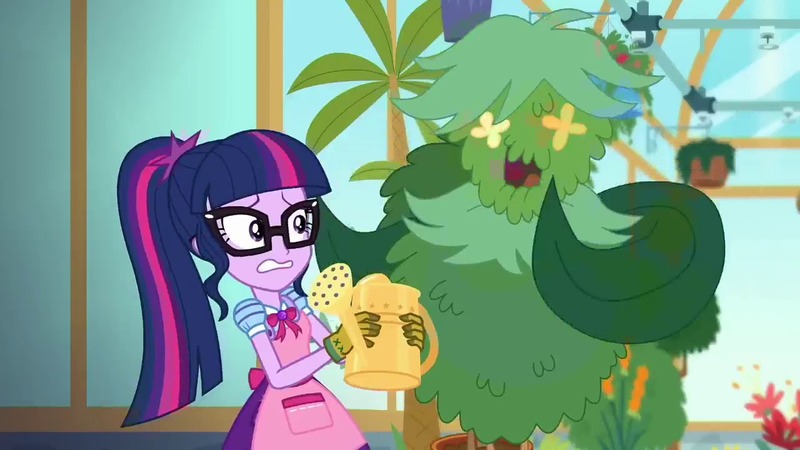 Size: 1280x720 | Tagged: safe, derpibooru import, screencap, sci-twi, twilight sparkle, equestria girls, equestria girls series, my little shop of horrors, apron, bowtie, celestia's house, clothes, geode of telekinesis, glasses, gloves, magical geodes, plants, ponytail, scared, singing, watering can