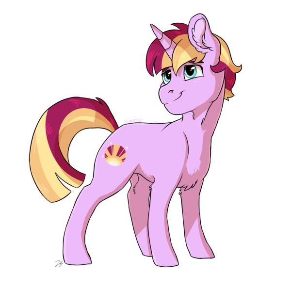 Size: 1700x1700 | Tagged: safe, artist:shimazun, derpibooru import, oc, oc:sunshine, oc:sunshine (kilala), unofficial characters only, unicorn, kilalaverse ii, colt, magical lesbian spawn, male, next generation, offspring, parent:sunset shimmer, parent:twilight sparkle, parents:sunsetsparkle, simple background, solo, transparent background