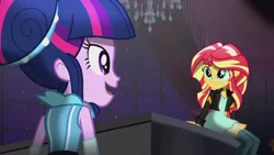 Size: 1280x720 | Tagged: safe, derpibooru import, screencap, sunset shimmer, twilight sparkle, twilight sparkle (alicorn), alicorn, equestria girls, friendship through the ages, duo, musical instrument, piano