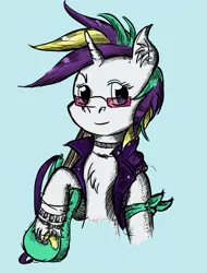 Size: 721x950 | Tagged: safe, artist:dreamingnoctis, derpibooru import, rarity, pony, unicorn, it isn't the mane thing about you, alternate hairstyle, blue background, chest fluff, clothes, guitar, musical instrument, punk, raripunk, simple background, smiling, solo, sunglasses