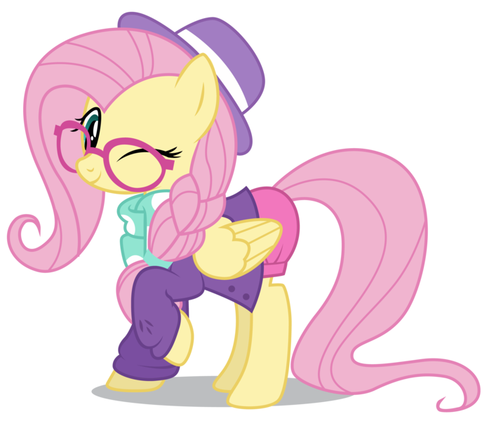 Size: 5000x4304 | Tagged: absurd resolution, alternate hairstyle, artist:dragonchaser123, clothes, cute, derpibooru import, fake it 'til you make it, female, fluttershy, glasses, hipster, hipstershy, hot pants, mare, one eye closed, safe, shyabetes, simple background, solo, transparent background, wink