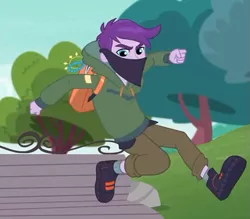 Size: 651x571 | Tagged: safe, derpibooru import, screencap, jewelry thief (character), equestria girls, equestria girls series, super squad goals, background human, bandana, canterlot city, clothes, cropped, male, shoes, sneakers, thief