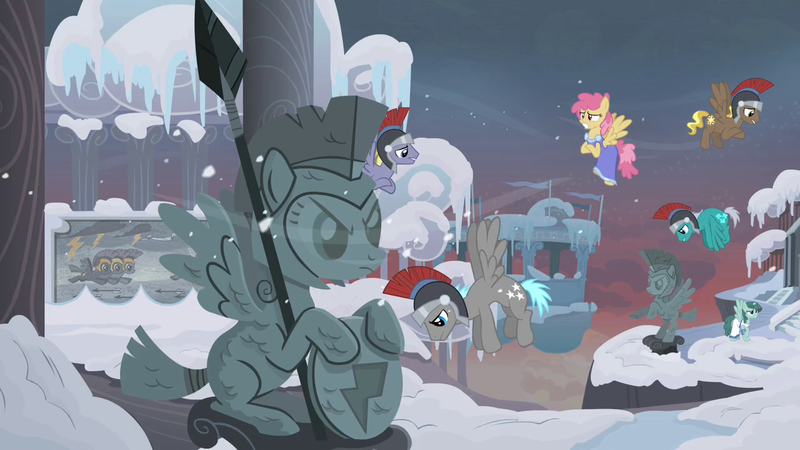 Size: 1280x720 | Tagged: safe, derpibooru import, screencap, buddy, compass star, dizzy twister, orange swirl, stormfeather, twilight sky, pegasus, pony, hearth's warming eve (episode), background pony, city, clothes, female, flying, hearth's warming eve, helmet, male, mare, pegasus tribe, snow, stallion, statue