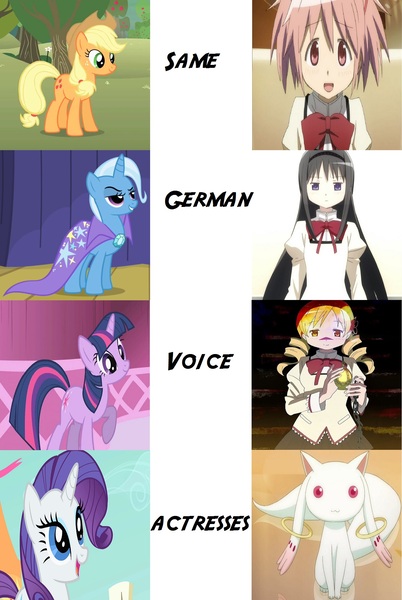 Size: 1339x1998 | Tagged: applejack, artist:nightmareshinigami89, comparison, derpibooru import, exploitable meme, homura akemi, incubator (species), kyubey, madoka kaname, magical girl, mami tomoe, meme, puella magi madoka magica, rarity, safe, same voice actor, trixie, twilight sparkle, voice actors