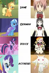 Size: 1339x1998 | Tagged: applejack, artist:nightmareshinigami89, comparison, derpibooru import, exploitable meme, homura akemi, incubator (species), kyubey, madoka kaname, magical girl, mami tomoe, meme, puella magi madoka magica, rarity, safe, same voice actor, trixie, twilight sparkle, voice actors