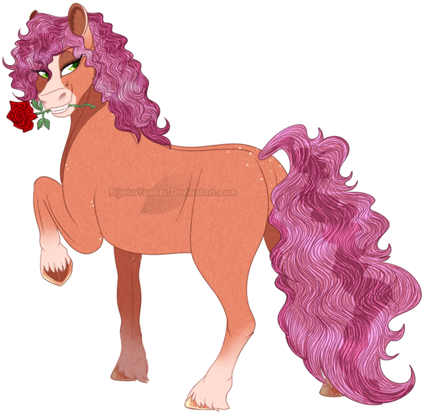 Size: 1000x969 | Tagged: safe, artist:bijutsuyoukai, derpibooru import, oc, unofficial characters only, earth pony, pony, blaze (coat marking), female, flower, flower in mouth, mare, mouth hold, offspring, parent:cherry jubilee, parent:troubleshoes clyde, parents:cherryshoes, raised hoof, rose, rose in mouth, simple background, socks (coat marking), solo, transparent background