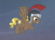 Size: 210x154 | Tagged: safe, derpibooru import, screencap, compass star, pegasus, pony, hearth's warming eve (episode), background pony, cropped, flying, helmet, male, pegasus tribe, picture for breezies, solo, stallion