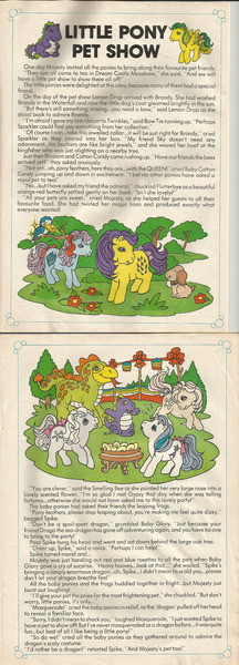 Size: 720x2000 | Tagged: baby glory, baby ponies, bee, bird, blossom, bowtie (g1), brandy, butterfly, comic:my litle pony (g1), cotton candy (g1), derpibooru import, dragon costume, dream castle meadows, flutterbye, frog, g1, horn, insect, lemon drop, little pony pet show, majesty, masquerade (g1), official, pet show, red admiral, safe, sky the kingfisher, smelling bee, sparkler (g1), spike (g1), story, tea party, twirled her magic horn
