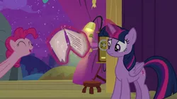 Size: 1200x675 | Tagged: alicorn, curtain, derpibooru import, glowing horn, horn, horse play, lamp, pinkie pie, safe, screencap, script, smiling, stage, stool, twilight sparkle, twilight sparkle (alicorn)