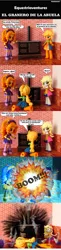 Size: 922x3773 | Tagged: safe, artist:whatthehell!?, derpibooru import, adagio dazzle, applejack, derpy hooves, equestria girls, boots, clothes, denim skirt, doll, dress, equestria girls minis, eqventures of the minis, explosion, irl, jewelry, kitchen, photo, shoes, skirt, spanish, stove, toy, victorian