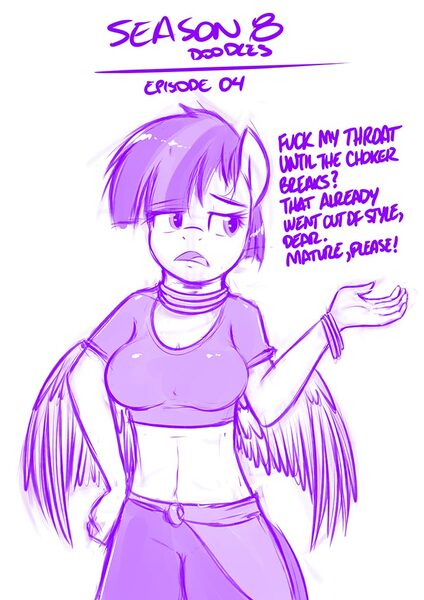 Size: 724x1024 | Tagged: anthro, artist:jcosneverexisted, belly button, big breasts, breasts, busty valley glamour, choker, cleavage, clothes, derpibooru import, dialogue, fake it 'til you make it, female, hipster, midriff, mlp:fim doodles, patreon, season 8 doodles, sketch, solo, suggestive, text, until the choker breaks, valley glamour